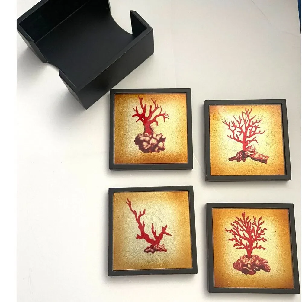 Red Coral Art Marble Drink Coasters With Matching Wooden Holder Set Of 4 Vintage